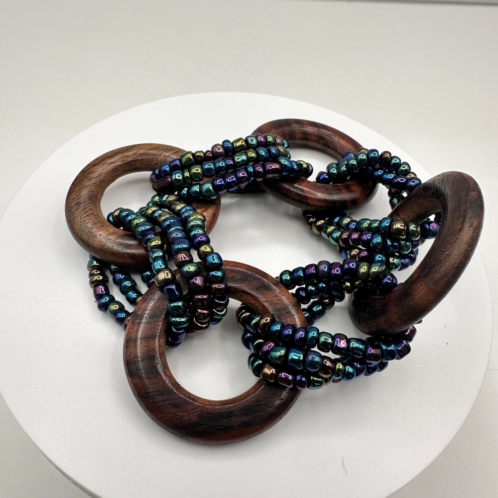Vintage Y2K Iridescent Seed Bead Necklace with Wooden Rings - Boho Jewelry